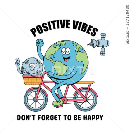moon and earth riding a bicycle retro cute illustration 127129480