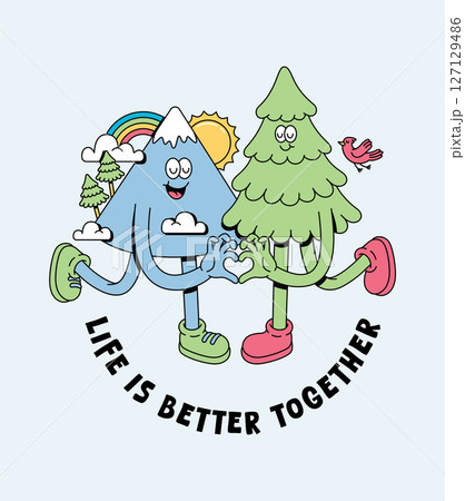 mountain and tree retro cartoon illustration 127129486