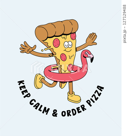 pizza flamingo float retro cartoon illustration 127129488