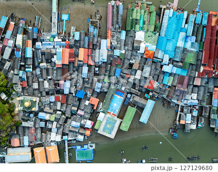 Aerial view of Panyee island in Phang Nga Thailand,Wide angle landscape Floating village, Koh Panyee fishing village island in Phang Nga, Thailand. 127129680