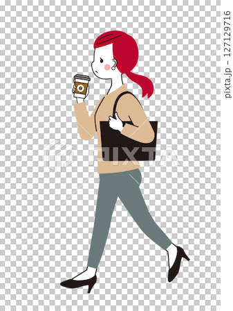 一位女士在上班途中喝咖啡 一位女士在上班途中喝咖啡 127129716