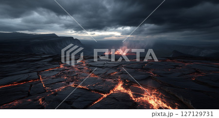 灼熱の溶岩と荒涼とした火山地帯｜地球の鼓動を感じる壮大な自然現象素材 127129731