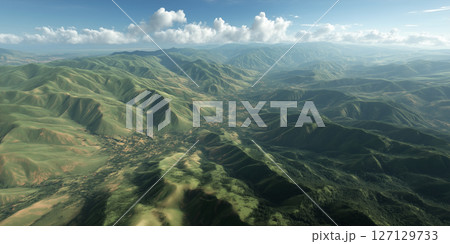 緑あふれる山岳地帯の空撮風景｜自然の広がりと癒しを感じる絶景素材 127129733