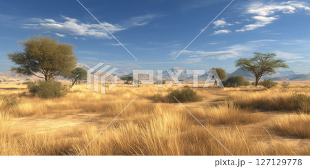 乾いた大地と青空に広がるサバンナ風景|自然の広がりと静けさを感じる絶景素材 乾いた大地と青空に広がるサバンナ風景|自然の広がりと静けさを感じる絶景素材 127129778