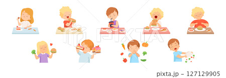 Children Enjoying Eating Fast Food and Hate Vegetable Vector Illustration Set 127129905