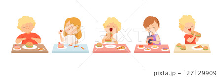 Children Enjoying Eating Fast Food and Sweets Vector Illustration Set Children Enjoying Eating Fast Food and Sweets Vector Illustration Set 127129909