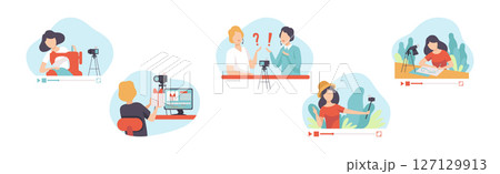 Video Tutorials with Man and Woman Blogger Streaming Vector Set 127129913
