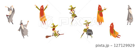 Bearded Man Wizard and Woman Witch Vector Set 127129929