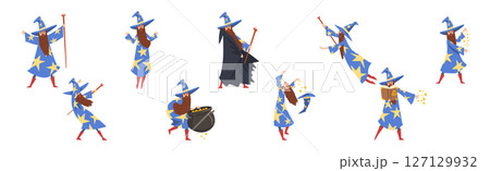 Bearded Man Wizard in Pointed Hat Vector Set 127129932
