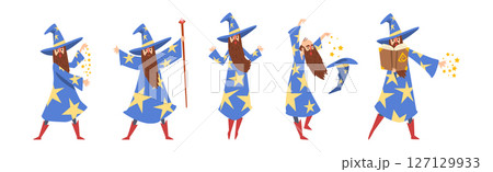 Bearded Man Wizard in Pointed Hat Vector Set 127129933
