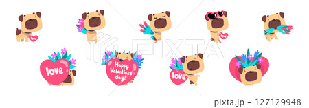 Funny Dog Greeting with Valentine Day with Heart Vector Set 127129948
