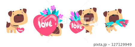Funny Dog Greeting with Valentine Day with Heart Vector Set 127129949
