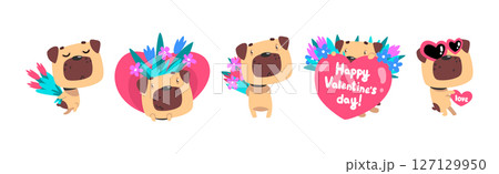 Funny Dog Greeting with Valentine Day with Heart Vector Set 127129950