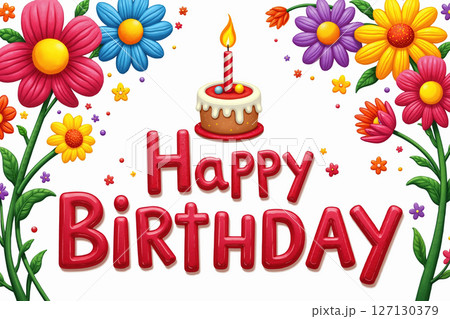 Colorful birthday illustration with flowers and cake. 127130379