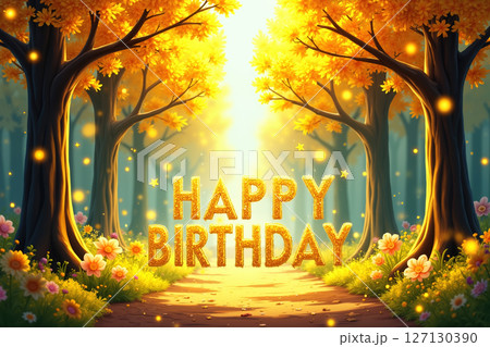 happy birthday in a forest with glowing trees and flowers. 127130390