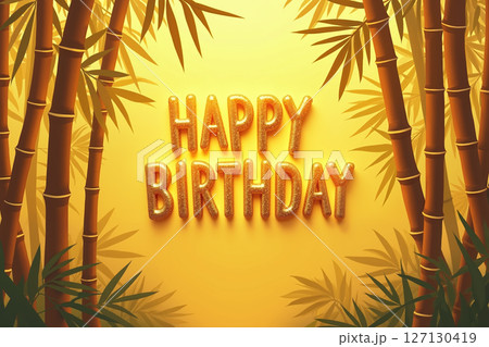 Golden HAPPY BIRTHDAY text amidst bamboo stalks and leaves. 127130419