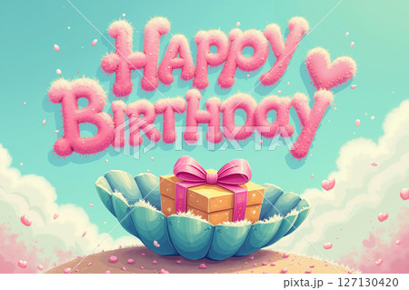 Happy birthday text with gift in a seashell. 127130420