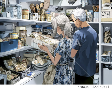 非常食を備蓄するシニア夫婦のイラスト素材 非常食を備蓄するシニア夫婦のイラスト素材 127130471