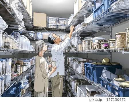 非常食を備蓄するシニア夫婦のイラスト素材 127130472
