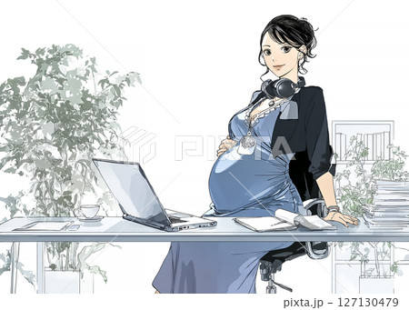 働く妊婦の女性のイラスト素材　デスクワーク 127130479