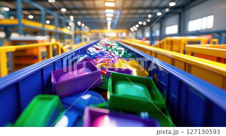 Colorful plastic containers on industrial conveyor belt in a modern warehouse environment highlighting efficient manufacturing processes. Robotics and automation 127130593