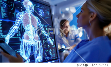 Female doctor analyzing futuristic holographic human anatomy interface with caucasian team in high-tech medical research lab setting. Robotics and automation 127130634