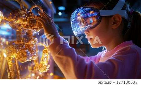 Young asian girl engages with futuristic technology wearing virtual reality headset, exploring innovative interactive digital environments. Robotics and automation 127130635