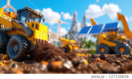 Bright yellow bulldozer and solar-powered machinery in a sunny construction site with blue skies and vibrant equipment enhancing sustainable building. Robotics and automation 127130636