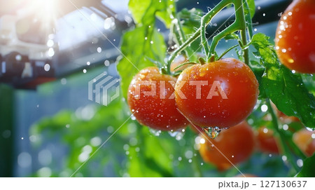 Vibrant red tomatoes in sunlit garden with fresh dew drops and green leaves signifying organic farming and natural agriculture evolution. Robotics and automation 127130637