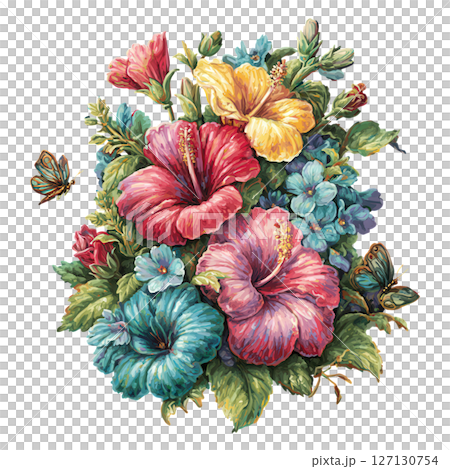Beautiful colorful hibiscus flower bouquet with blue flowers and butterflies, vibrant and lively floral arrangement in nature 127130754