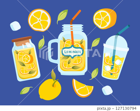 Lemonade icon mini set on blue background. Whole and slices of lemon. Different glasses for drinks. Ice cubes and green leaves. For bar, cafe, menu decoration, cocktail, sticker. Vector illustration. 127130794