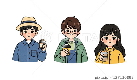 コーヒーを楽しむ若者3人・カフェタイムのキャラクターイラスト 127130895
