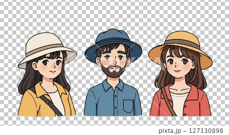 Three adult men and women wearing hats - Stylish portrait illustration Three adult men and women wearing hats - Stylish portrait illustration 127130898