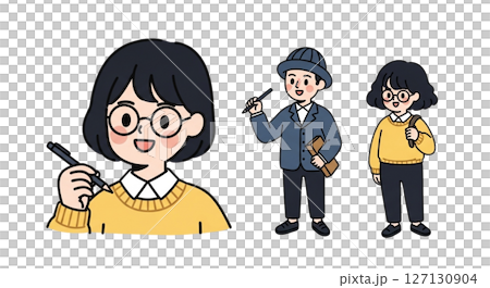 Mystery novel world: detective and assistant character illustration set of three 127130904