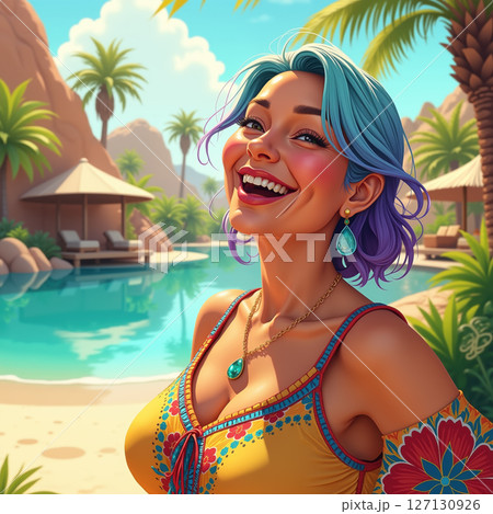 Joyful woman at a tropical resort. 127130926