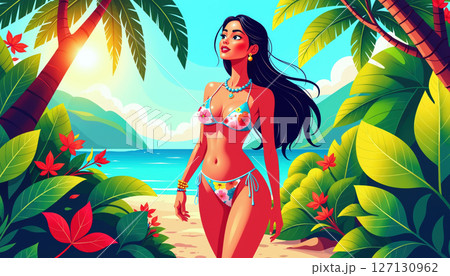 Tropical woman walking on beach. Tropical woman walking on beach. 127130962