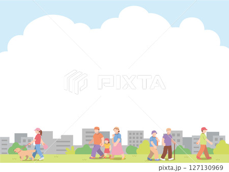 土手を歩く人達と街並みのイラスト 127130969