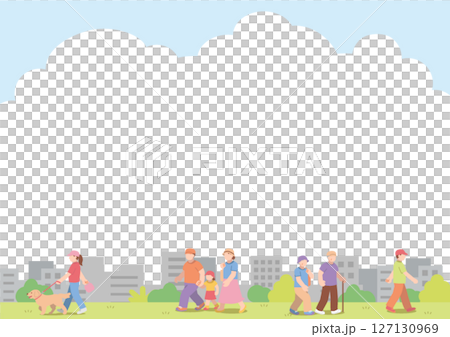 沿著河岸散步的人們的城市景觀插圖 127130969