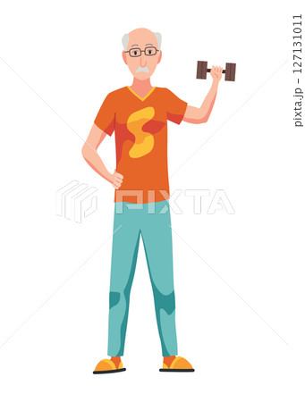 Elderly people hobby. Healthy and active lifestyle. Old or senior people spending leisure time. Grandfather does sports. Flat vector illustration isolated on white background 127131011