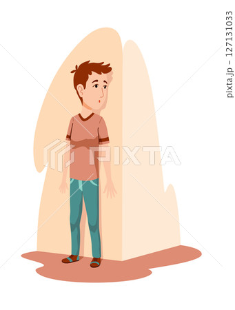 Kid playing hide and seek. Playing game outdoor in summer vacations. Boy having fun outdoors, summer playtime. Vector cartoon illustration Kid playing hide and seek. Playing game outdoor in summer vacations. Boy having fun outdoors, summer playtime. Vector cartoon illustration 127131033