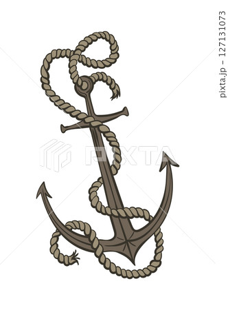 An anchor with a rope wrapped around it on a plain white background 127131073