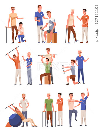 Therapists helping patients during physio therapy and rehabilitation set. Physiotherapy treatment for people with physical disabilities. Flat graphic vector illustration isolated on white background 127131105
