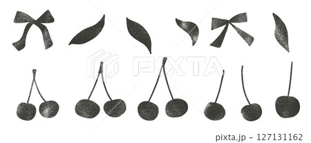 Cherry charcoal drawn silhouette set. Coquette linocut berries with ribbons and leaves doodle isolated on white background. Fruits grunge textured elements. Vector naive illustration by pencil or ink 127131162