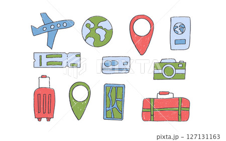 Travel elements crayon drawn set. Suitcase, location map, passport hand drawn grunge textured doodle isolated on white background. Bags, airplane, pass board shapes. Vector illustration by pencil 127131163