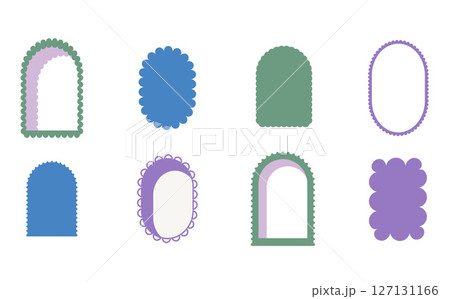 Retro funky arch and geometric frames shape. Set of fun vintage colors borders with scallop edges. Text boxes and callout templates for invitation. Vector illustration isolated on white background 127131166