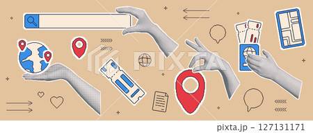 Travel collage with halftone hand with pixel art tourism elements. Human arms palm holding location map pin, globe, tickets. Vector journey collection illustration isolated 127131171