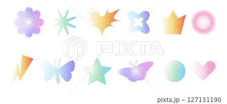 Grain gradient shapes. Dots stippling geometric figures set. Y2k retro heart, star and circle with flower forms. Colorful butterfly, crown icons on white background. Vector illustration Grain gradient shapes. Dots stippling geometric figures set. Y2k retro heart, star and circle with flower forms. Colorful butterfly, crown icons on white background. Vector illustration 127131190