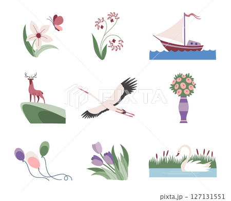Postage stamp, icon set. Hand drawn design, concept of travel. Retro postcard stickers, flat color vector illustration isolated on background Postage stamp, icon set. Hand drawn design, concept of travel. Retro postcard stickers, flat color vector illustration isolated on background 127131551