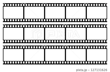 Film strip, long grunge filmstrip, old vintage movie reel frames, vector cinema video or photo tape. Grunge long film strip or movie camera negative roll with transparent background 127131626
