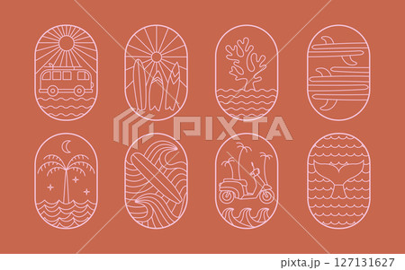 Minimalistic surfing, vacation emblem in thin line style pink badges. Cute tropical resort, surf camp, travel vibe vector illustration. 127131627